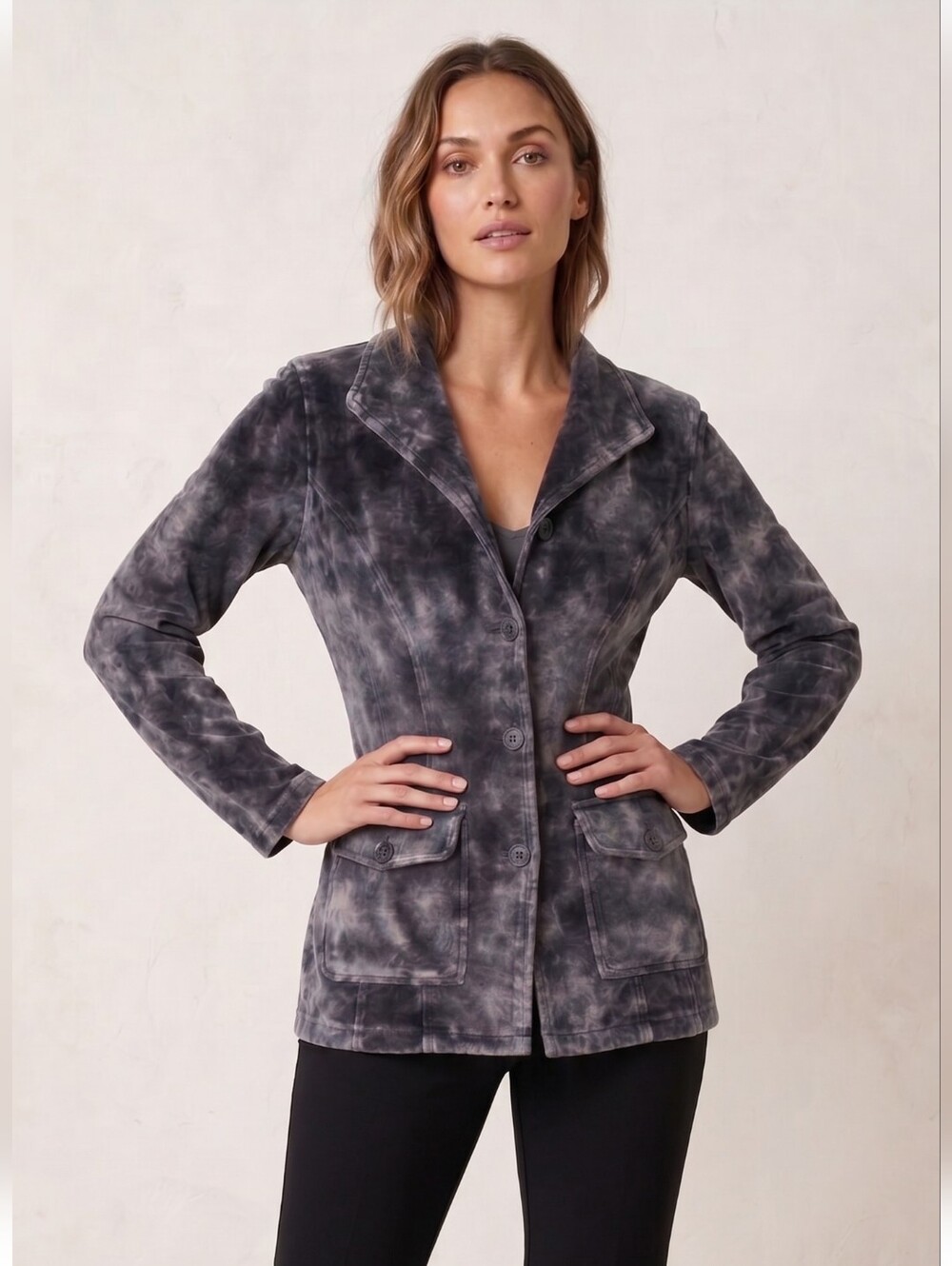 Yak n Yeti Women's Acid Wash Velour Button Up Blazer Jacket Grey Small